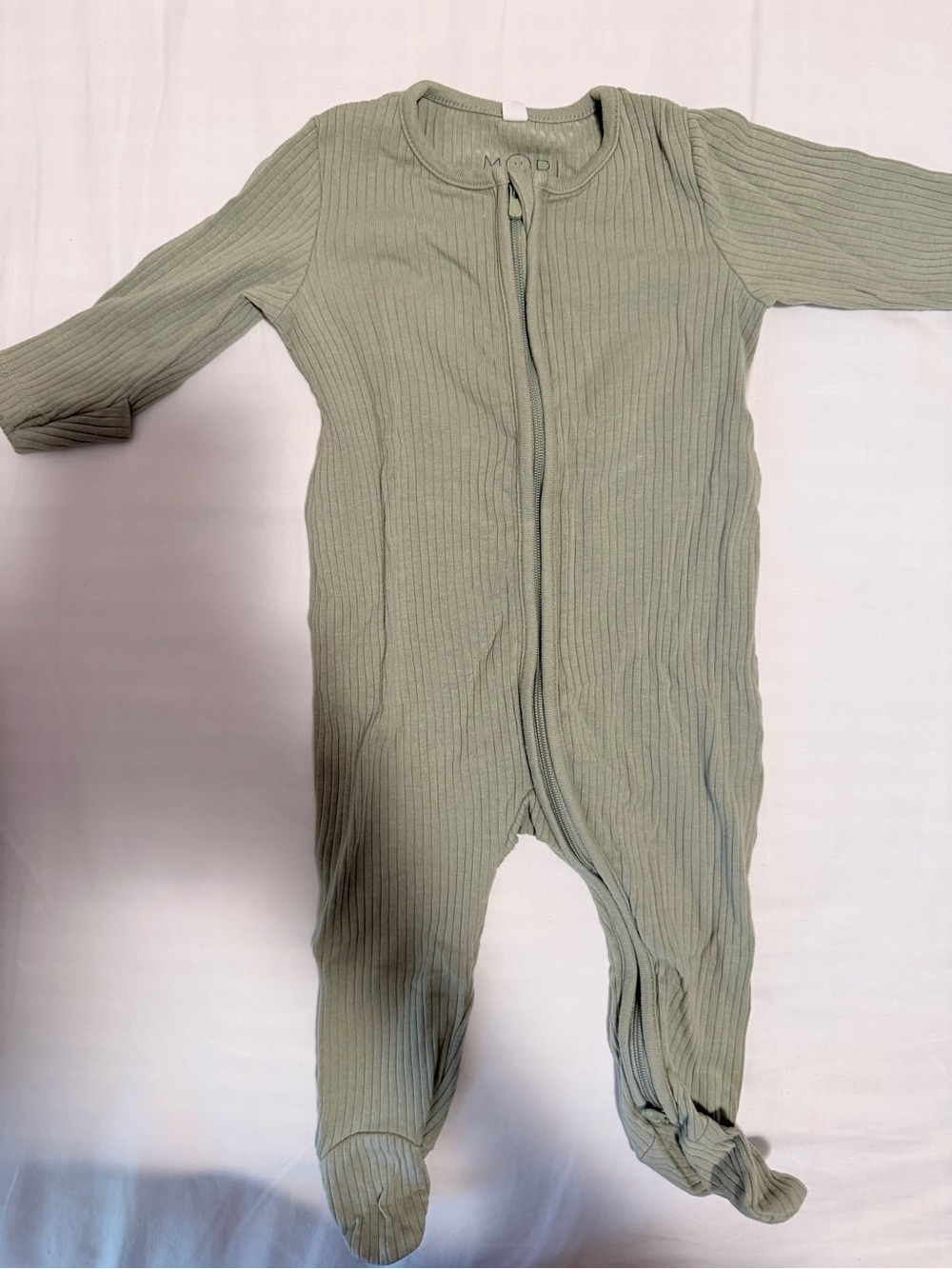 MORI Sage Ribbed Zip-Front Footed One-Piece for Kids